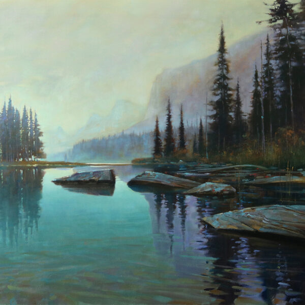 'Morning Mist Spirit' Magline Lake, Jasper 36 X 48 in. oil on canvas sold by Mountain Galleries