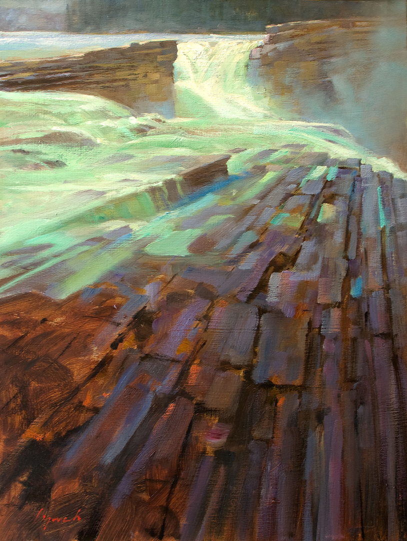 'Gateway' Athabasca Falls, Jasper Nat. Park. 18 X 24 in. oil on prepared board. Mountain Galleries, jasper. copyright Brent Lynch