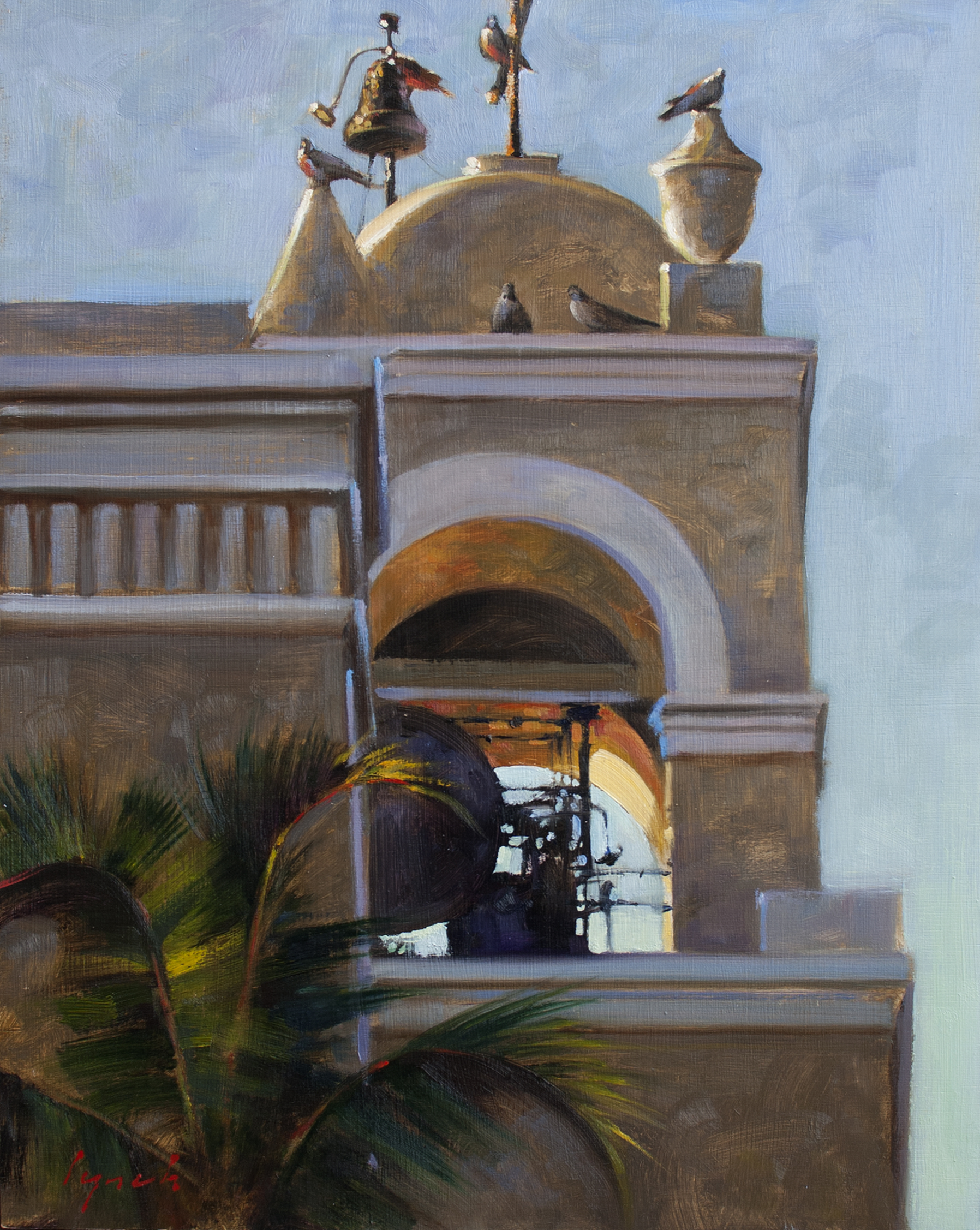 'Pigeons on Steeple' 18 X 24 in oil on prepared board - Ida Victoria Gallery