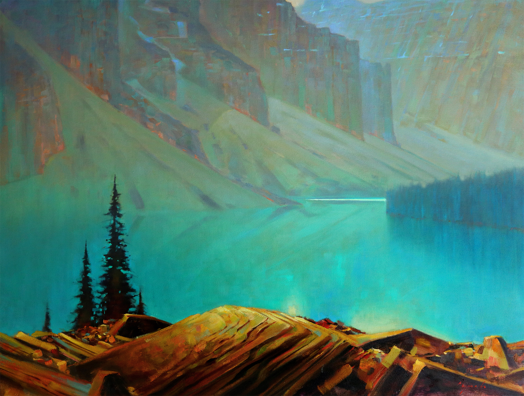 Moraine Morning 36 X 48 oil on canvas, sold by Mountain Galleries