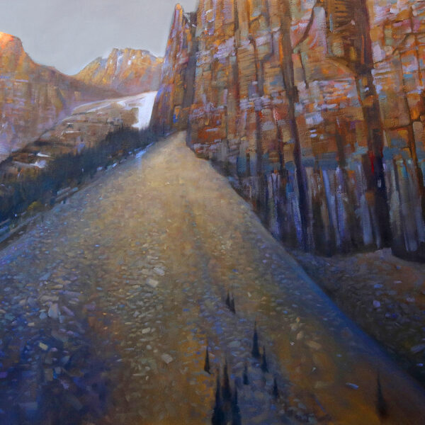 'Pyramids and Temples'  Moriane Lake, Banff  36 X 60 in. oil on canvas - Mountain Galleries