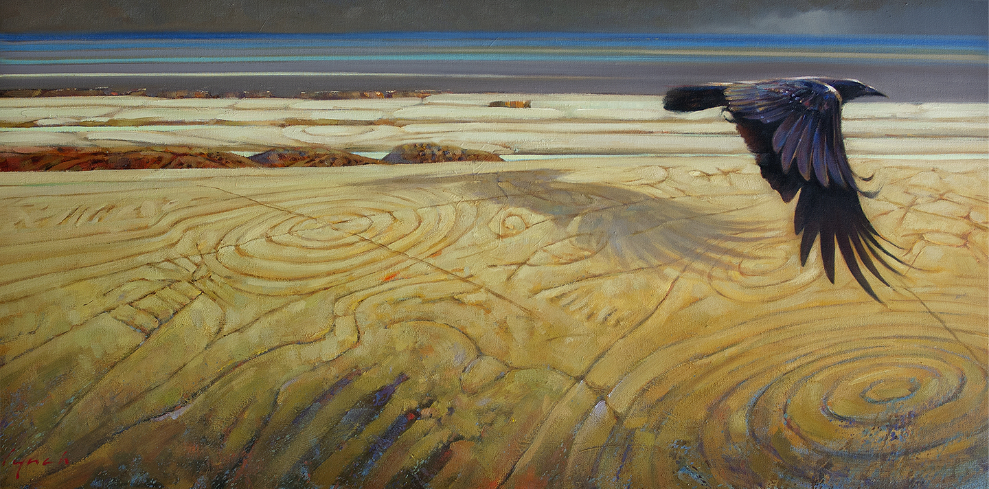 'Raven Over Petroglyths' Hornby Island  24 X 48 in. oil on canvas - Mountain Galleries