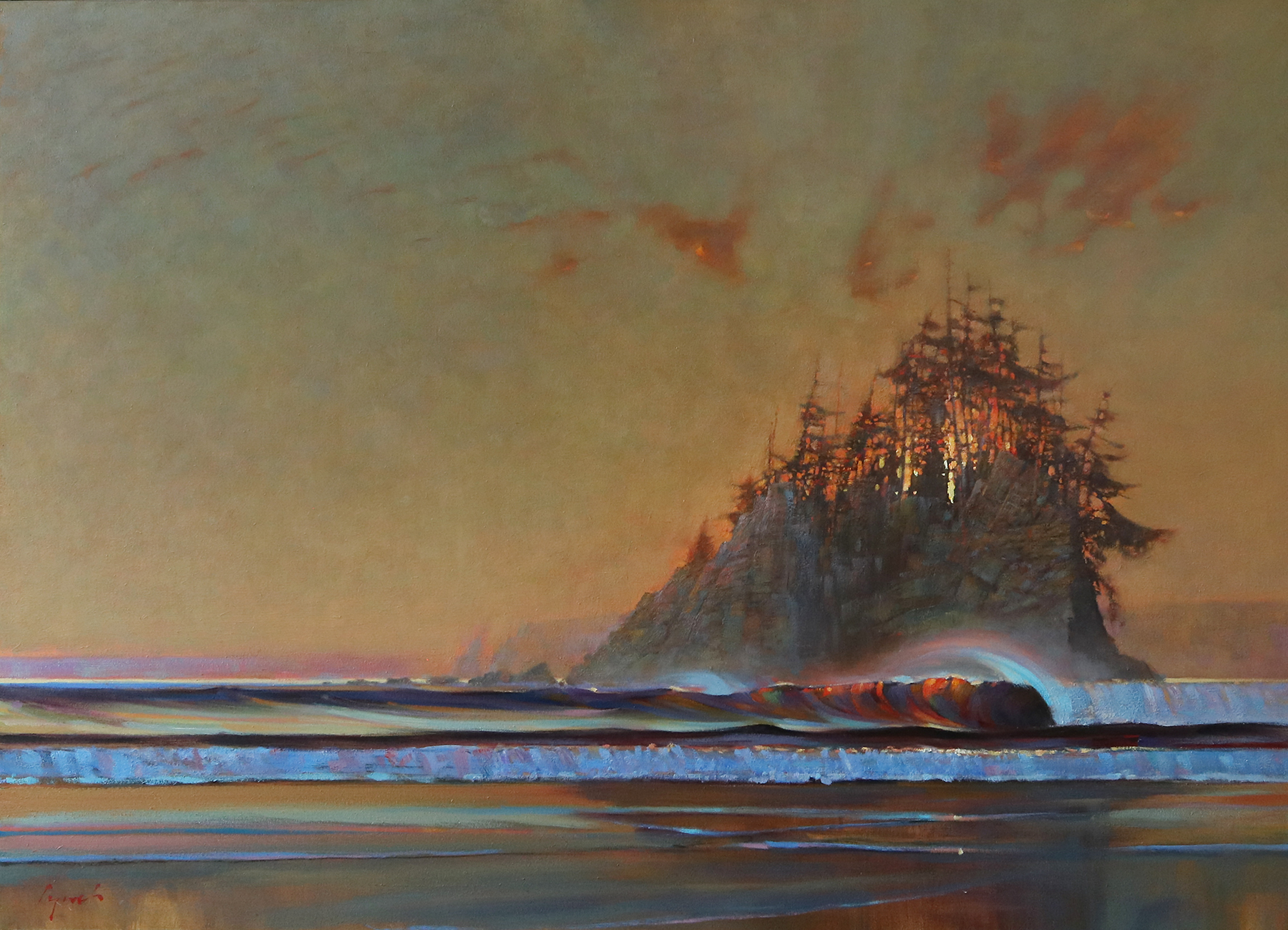 Sunset Stack, Bamfield 38 X 48 in. oil on canvas, Adele Campbell Gallery