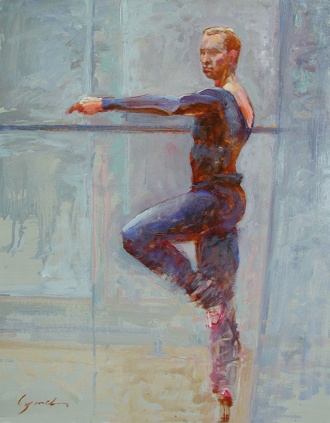 'Male Dancer at Bar'  life study, Ballet BC, oil on prepared board 16 X 20 in. copyright Brent Lynch.