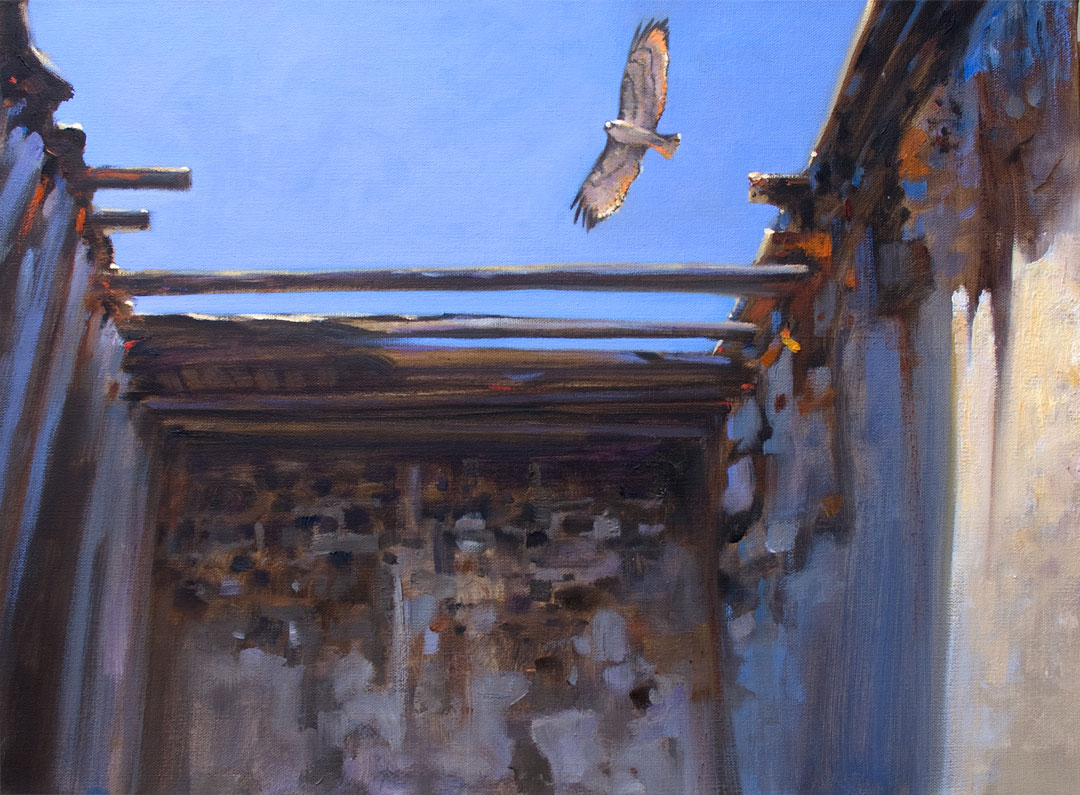 'Hawk Over Ruins' 18 X 24 in. oil on canvas - Ida Victoria Gallery