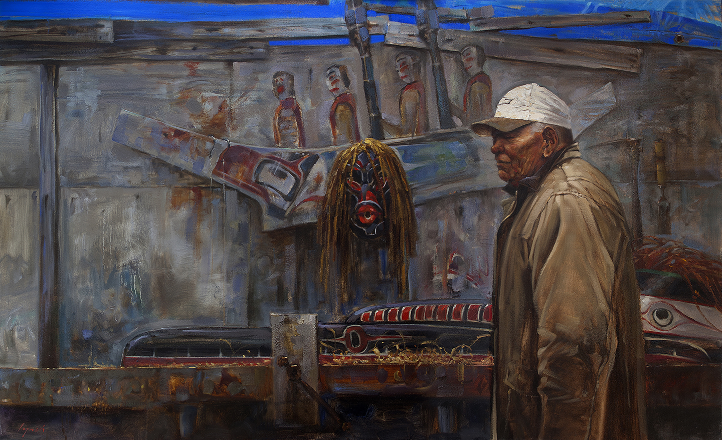 'Al West' In his studio: Hereditary Chief of the Namgis. 48 X 60 in. oil on canvas